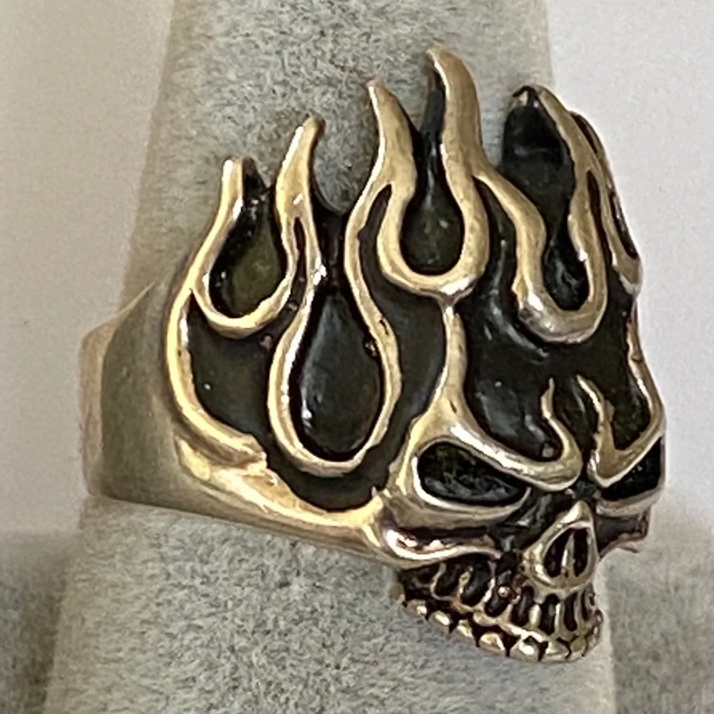 925 Silver flame skull ring burn burning head